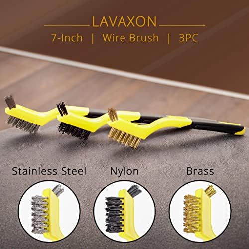 Lavaxon Wire Brush Set 3Pcs - Nylon/Brass/Stainless Steel Bristles with Curved Handle Grip for Rust, Dirt & Paint Scrubbing with Deep Cleaning – 7 Inches (Yellow) - Image 4