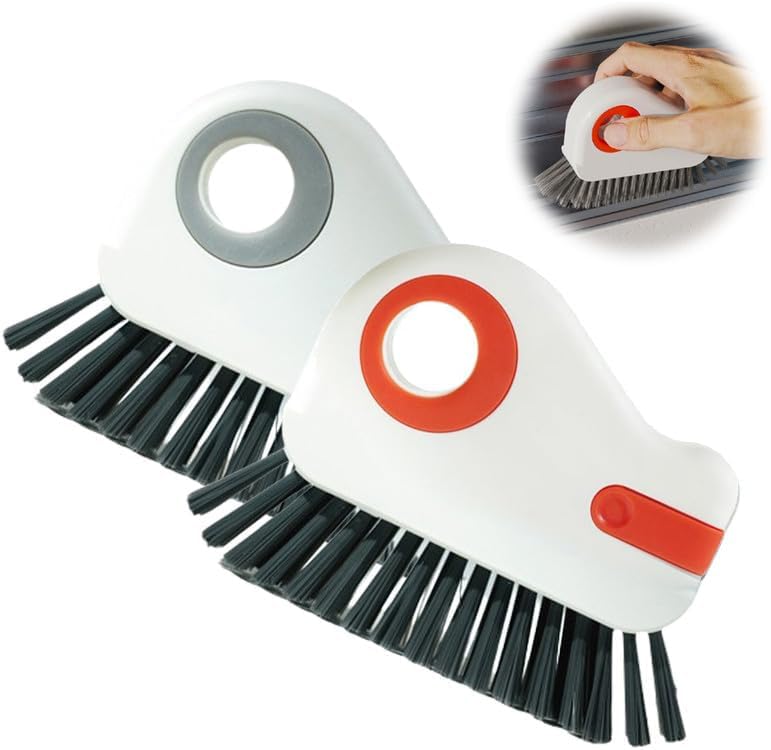 2 in 1 Groove Cleaning Brush, 2025 New Window Track Cleaning Tools, Multifunctional Bristle Crevice Brush with Hidden Scraper for Sliding Door Track Window Seal (Gray+Orange) by LECDOA
