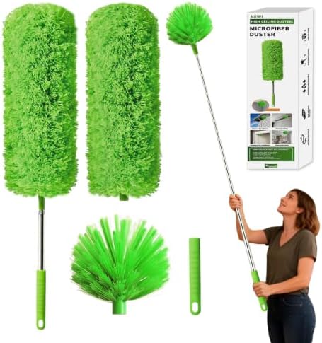 Cobweb Duster with Extension Pole, Washable Cleaning Duster Kit with 3 Duster Heads, Cobweb Duster, Corner Brush, Aluminum Telescoping Pole for high Ceiling Fan，Spider Web Brush with Extension Pole by Unknown