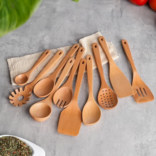 11 PCS WOSPONFAN Kitchen Utensils Set - Wooden Spoons for Cooking, Natural Beech Wood Wooden Utensils - Includes Wooden Spoons, Spatula Set, Slotted Spoon - Handmade Wooden Spoon Set - Image 4