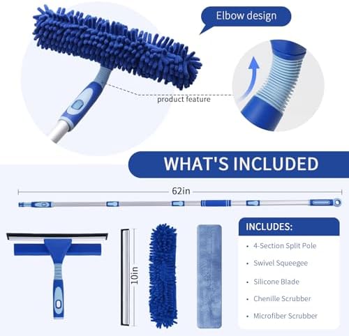 LOMIDA Professional Window Squeegee Kit - 62" Lightweight Aluminum Pole, 2 in 1 Rotatable Window Cleaning Tool Kit with Extension Pole Cleaning with Bendable Head for Car/Shower/High Windows - Image 2
