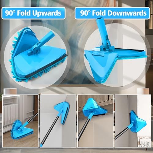 NEWE Wall Mop Cleaner with 80 Inch Long Handle, 180° Folding Ceiling Cleaner with Squeegee, Cabinet Cleaning Tool, Wall Scrubber, Triangle Baseboard Scrubber, 4 Chenille Duster & 2 Microfiber Pads - Image 4