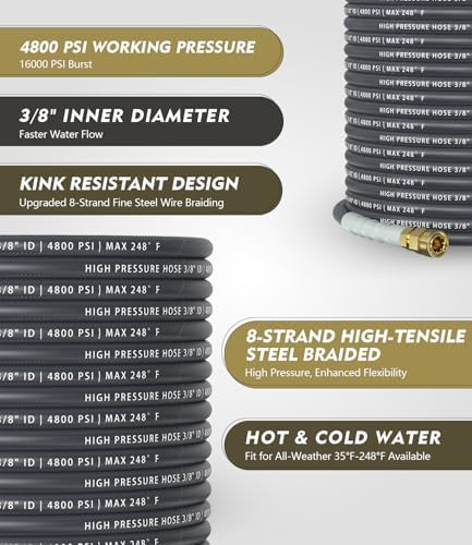 3/8" 4800PSI Pressure Washer Hose 100FT with 360° Swivel Quick Connect, Flexible & Kink Resistant Steel Wire Braided & Durable for Hot/Cold Water, High Power Washer Hose With M22 14mm Adapter - Image 2