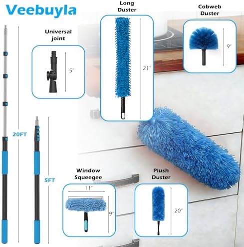 25FT Reach High Ceiling Duster Kits with 5-20FT Adjustable Pole - Includes Extra Long Duster, High Ceiling Duster, Rotatable Window Squeegee & Cobweb Duster for Ceiling Fans and Whole House Cleaning - Image 2