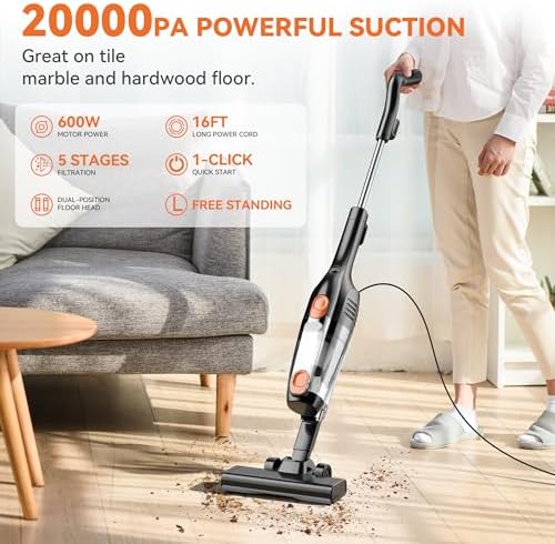 Vazone R6X Corded Stick Vacuum Cleaners for Home, 20Kpa Powerful Suction Stick Vacuum with 16Ft Cord, 2 in 1 Lightweight Handheld Vacuum Cleaner for Hardwood Floor Pet Hair (Tangerine) - Image 2