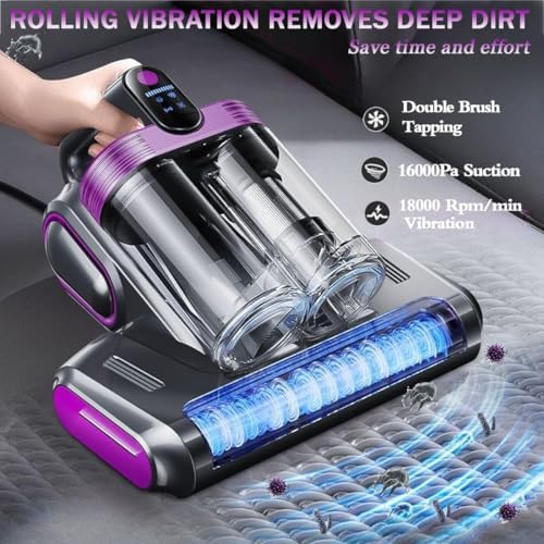 Mattress Vacuum Cleaner, 18Kpa Bed Vacuum Cleaner with 253.7nm UV-C Light & Heating & Ultrasonic Quintuple Tech & 80000 RPM/Min Brushroll Rotation, Widened Suction Port, 500W, Cordless (Purple) - Image 3