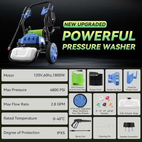 MAX 4800PSI 10" Wheels Electric Pressure Washer, 3L Foam Bottle Professional Electric Power Washer with 5 Nozzles 23FT Hose Reel, 2.8GPM Commercial/Household Pressure Washer Electric Powered, Blue - Image 4