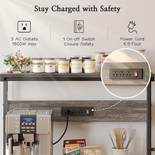 SUPERJARE Bakers Rack with Power Outlets, Microwave Stand, 39.4 X 14.3 Inch Larger Desktop, Kitchen Storage Rack with Adjustable Middle Shelf, 6 S-Shaped Hooks, Coffee Bar Stand, Grey - Image 3