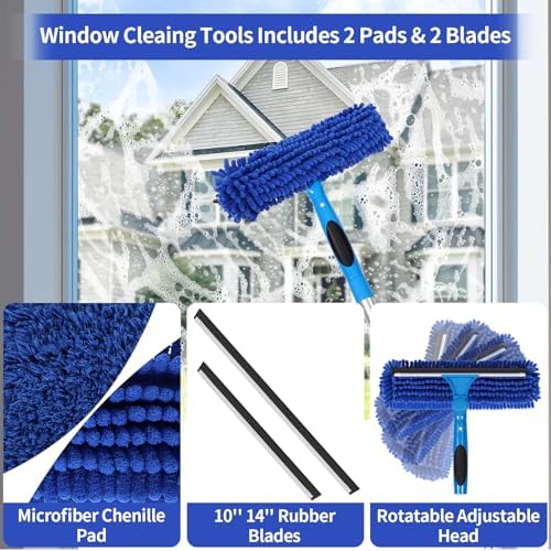 109" Window Cleaning Squeegee Kit, Professional 2 in 1 Squeegee Window Cleaner with Extension Pole, Window Washing Kit with 2 Blade 2 Pads for Indoor & Outdoor High Windows Car Glass - Image 3