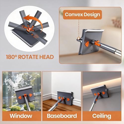 85'' Wall & Ceiling Mop with Long Handle, Wall and Baseboard Cleaner Tool, 2 Mop Heads (Triangle Corner + Square), 8 Reusable Washable Pads (Chenille/Microfiber/Scrub) for Shower Walls, Tile, Floors - Image 6