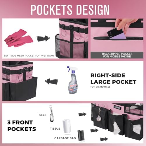 SCAVATA Wearable Cleaning Caddy Bag, Cleaning Caddy Supplies Organizer with Handle & Shoulder Straps for Housekeepers, Under Sink & Car Cleaning Tool Organizers with 4 Foldable Divider (SweetPink) - Image 2