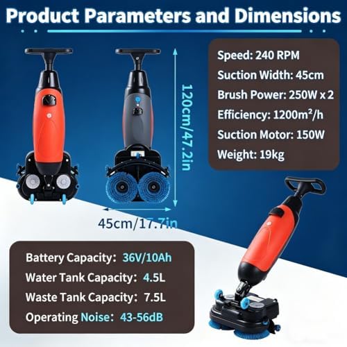 17" Commercial Floor Scrubber Machine, Battery Powered Floor Buffer With 350 RPM Motor, 2.3 Gallon Tank And 2 Brush Heads, Covers 13000 Sqft Per Hour For Industrial Cleaning - Image 6