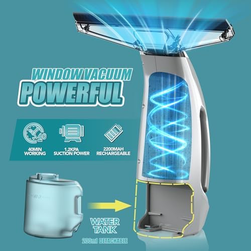 Kiato Window Vacuum, Power Window Squeegee 11", Rechargeable Window Vac with Spray Bottle, Electric Cleaning Tool for Showers, Mirrors, Glass, 2200mA, WC03, 200ml Water Tank - Image 3