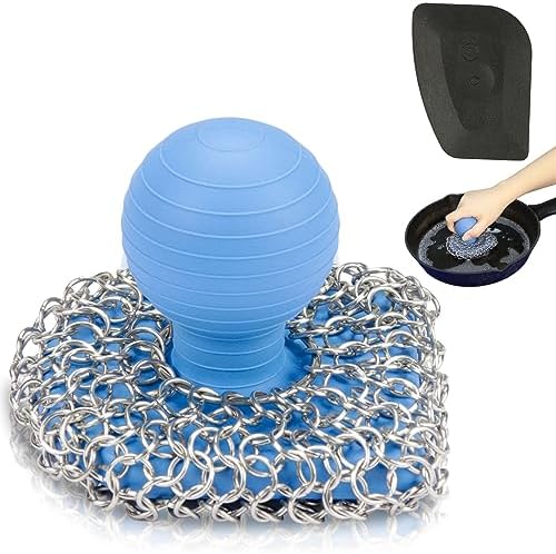 Cast Iron Scrubber with Pan Scraper, 316 Chainmail Scrubber, Blue by VinYanKee