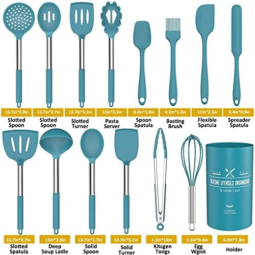15 Pcs Silicone Cooking Utensils Kitchen Utensil Set - Umite Chef 446°F Heat Resistant Stainless Steel Handles Kitchen Gadgets Tools Set for Nonstick Cookware(Blue) - Image 2