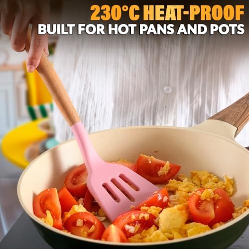 Kitchen Utensils Set with Holder for Nonstick Cookware - 12 Pcs Pink Silicone Cooking Utensils Set, Kitchen Tools for Daily Cooking - Wooden Handle Cooking Tools for Baking Serving and Mixing Tasks - Image 6