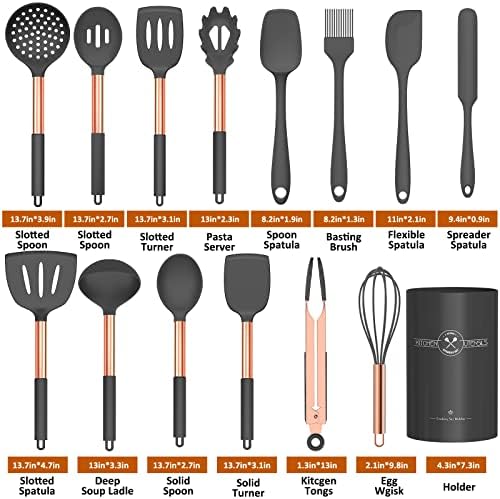 Silicone Cooking Utensil Set, Umite Chef Kitchen Utensils 15pcs Cooking Utensils Set Non-stick Silicone Rose Gold Handle Cooking Tools Whisk Kitchen Tools Set -Grey - Image 2