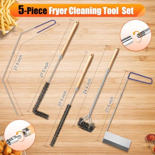 Fryer Cleaning Tool 5 Piece Set, Deep Fryer Basket Brush, Long Handle L-Shaped & Straight Crevice Cleaning Brush, Cleanout Rod Kit and V-Shaped Strainer Scoop for Restaurant, Kitchen Maintenance - Image 2