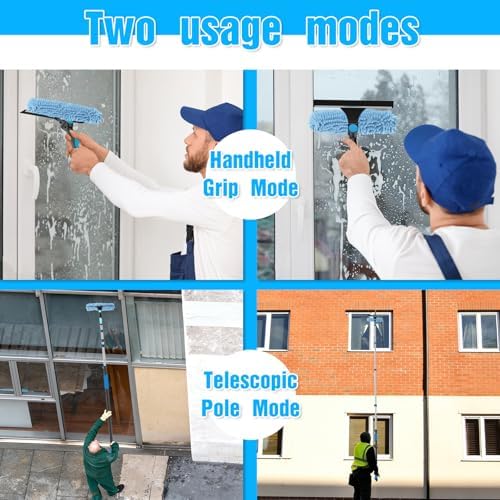 30FT Reach Window Squeegee Kit with Extension Pole, 2-in-1 Professional Washer for High Windows, 5-24FT Adjustable Reach, Rotatable Head for Indoor & Outdoor Use, Streak-Free Cleaning Tool for Home - Image 3