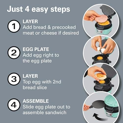 Hamilton Beach Breakfast Sandwich Maker with Egg Cooker Ring, Customize Ingredients, Perfect for English Muffins, Croissants, Mini Waffles, Perfect White Elephant Gifts, Mint (25482) - Image 4