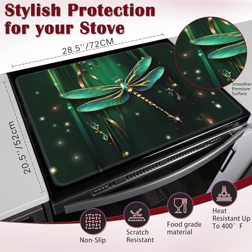 Green Jewel Dragonfly Stove Top Cover,Glass Cooktop Heat Resistant Ceramic Stove Top Covers Mat Prevents Scratching Stoves/Counter/Washer Protector,28x20 in - Image 2