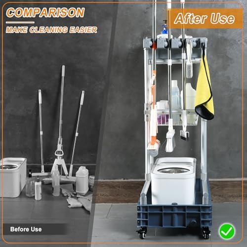 Rolling Cleaning Cart with Mop & Broom Organizer ， Convenient Storage Cart for Janitorial Supplies, Tools, and Cleaning Equipment ， Floor Cleaning Station with Wheels for Housekeeping, Garage &Garden - Image 2