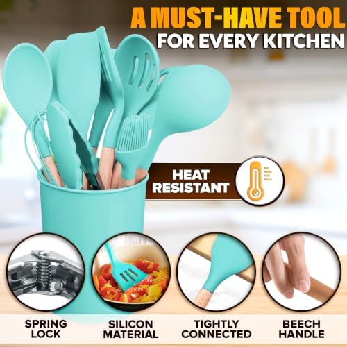 12 Pcs Cooking Kitchen Accessories Set with Holder, Silicone Heads (Teal) - Image 3