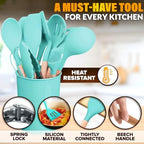 12 Pcs Cooking Kitchen Accessories Set with Holder, Silicone Heads (Teal) - Image 3