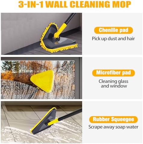Newly Upgraded Wall Mop with 82 Inches Long Handle, 180° Folding Wall Cleaner Triangle Mop with Squeegee, 3-in-1 Ceiling Cleaning Tool with 6 Replacement Pads for Wall, Baseboards, Ceiling, Floor - Image 4
