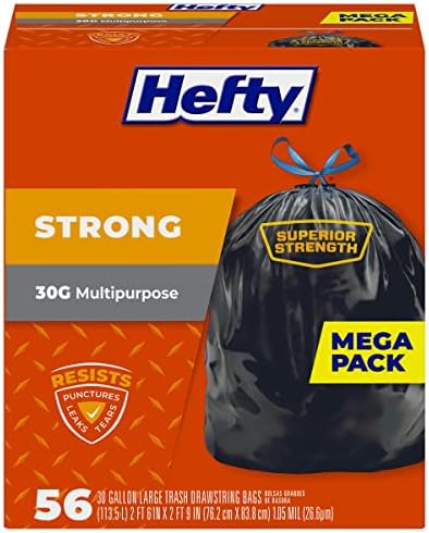 Hefty Strong 30 Gallon Trash Bags, Large Trash Bags 30 Gallon Size, Durable Drawstring Enclosure, Resists Punctures, Leaks, and Tears, Black, Unscented, 56 Bags by Hefty