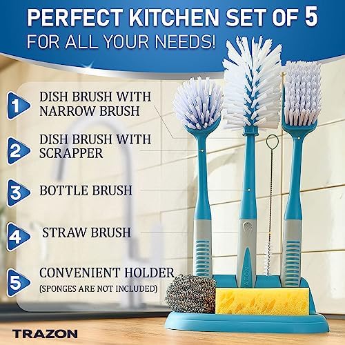 Dish Brush Set of 5 with Convenient Holder, Bottle Water Brush, Dish Scrub Brush, Scrubber Brush and Straw Brush - Kitchen Scrub Brushes Non Slip Long Handle for Sink Dishes Cup Pot - Image 2