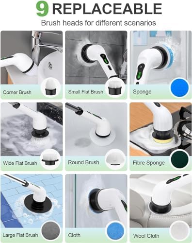 Electric Spin Scrubber for Cleaning Bathroom, Shower Scrubber Cordless Cleaning Brush with IPX7 Waterproof & 3 Speed, 9 Brush Heads, Bathroom Cleaning Supplies for Shower Tub Kitchen Tile Toilet Floor - Image 2