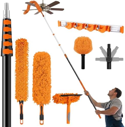 42 ft High Reach Duster Kit, 6 Attachments, Fan Cleaner, Orange by Acellegic