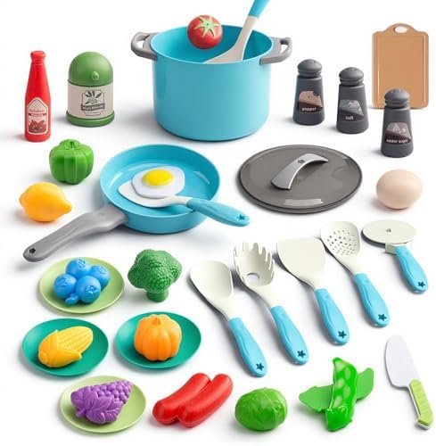 35Pcs Kids Kitchen Toy Accessories, Toddler Pretend Cooking Playset with Play Pots, Pans, Utensils, Cookware, Play Food Set, Toy Vegetables, Learning Gift for Girls & Boys (Turquoise) by JOKERKING