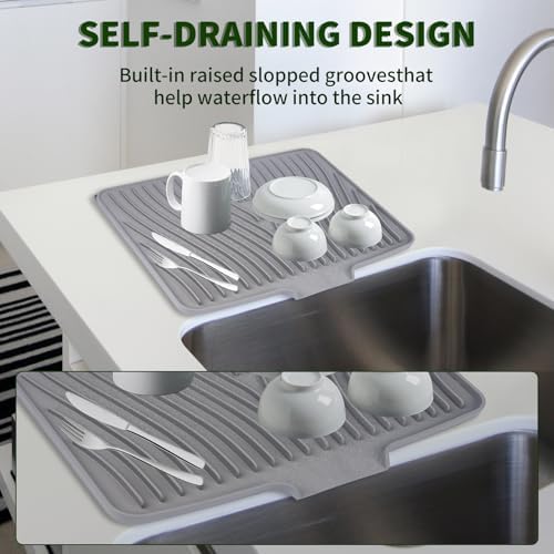 Silicone Dish Drying Mat for Kitchen Counter, 16" x 13" Grey-1pcs - Image 6