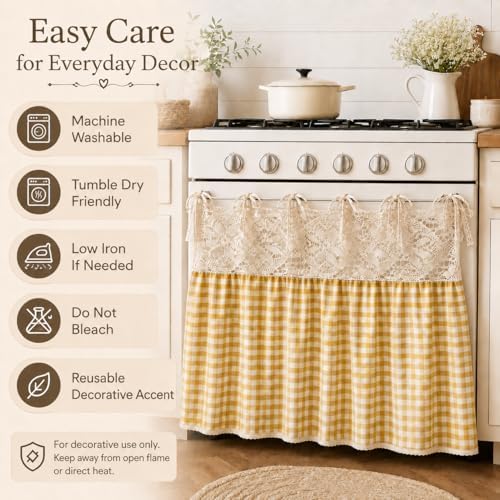 Vintage Oven Curtain Skirt for Farmhouse Kitchen Decor, Check Decorative Oven Door Curtain with Tie Top, Cottagecore Stove Handle Cover Skirt for Rustic Kitchen, Cabinet & Home Decor - Image 4