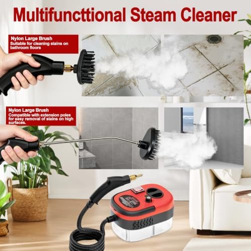 Steam Cleaner, Portable Pressurized Steamer for Cleaning with 14pcs Accessories, 6-Level Adjustable and 15s Heat-Up, Handheld Steam Cleaner for Home, Tile, Dirt, Grout, Grease, Car Detailing(Red) - Image 5