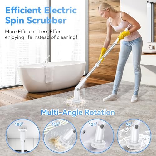 Electric Spin Scrubber, Cordless Cleaning Brush with 8 Replaceable Cleaner Brush, Power Shower Scrubber with Long Handle, Electric Scrubber for Cleaning Floor Bathroom Bathtub Tile - Image 2