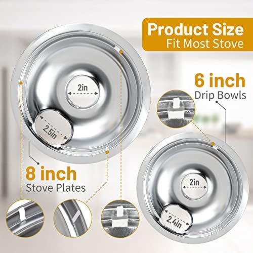 4 Pack Chrome Drip Pans, Compatible with Whirpool Kenmore Frigirate Stove Top Drip Bowls. Include 2 Pcs 6'' Range Replacement Drip Pans and 2 Pcs 8 '' Cooktop Drip Pans - Image 3