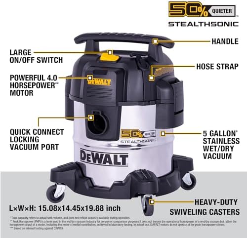 DEWALT STEALTHSONIC 5 Gallon Shop Vacuum Wet and Dry, 4 Peak HP, DXV05S-QT - Image 6