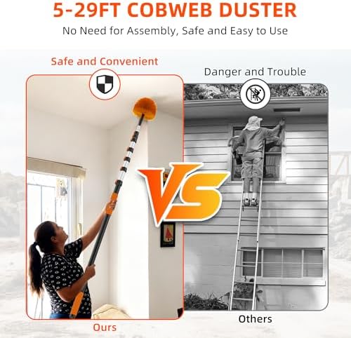 35 FT Reach Cobweb Duster with 5-29FT Telescoping Pole, Dual Action Flip-Lock & Screw Fixing Design, Washable Reusable Duster for High Ceilings, Fans & Home Cleaning - Image 3