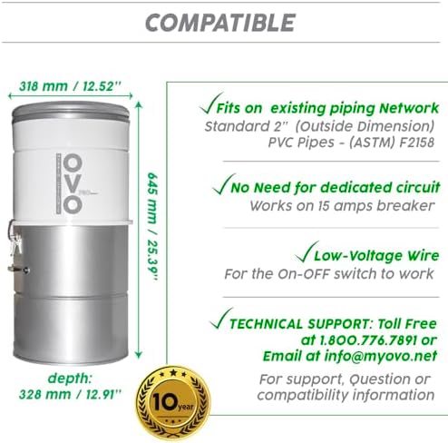 OVO 700 Airwatts Large and Powerful Central Vacuum System, Hybrid Filtration (with or Without Disposable Bags) 25L or 6.6 Gal, 35ft Carpet Deluxe Accessory Kit Included - Image 5