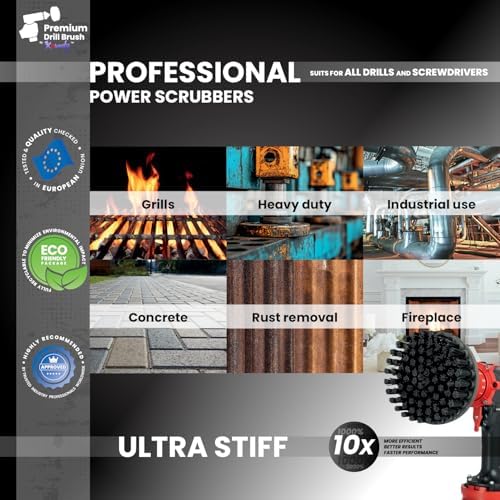 Premium Drill Brush Professional – Ultra-Stiff 5 in Black Set of 3 | Scratch-Free Heavy-Duty Cleaning Brush for Concrete, Brick, Stone, Metal, Garage, BBQ Grills, Rust and Construction Tools - Image 2