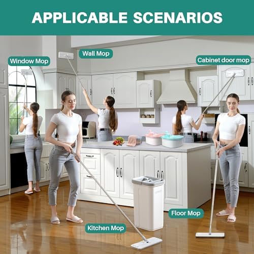 JOYMOOP Flat Mop and Bucket System, Microfiber Mop for Floor Cleaning, White, Suitable for Hardwood, Tile, Laminate and Vinyl Floors, 50" Mop with 1 Microfiber Pad - Image 5