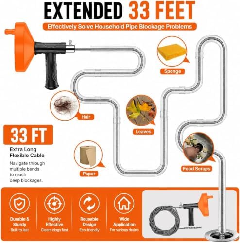 33 FT Drain Snake Auger, Plumbing Snake Drain Hair Clog Removal Tool, Sink Unclogger Drain, Heavy Duty Drum Auger, Cleaner Tool for Bathroom Kitchen Tub Shower Drain Clog Remover with Gloves - Image 4