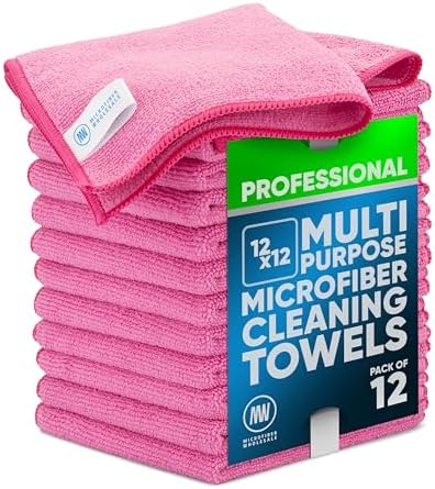 MW PRO Microfiber Cleaning Cloths Pink (12 Pack, 12x12) - Commercial Janitorial Towels & Lint Free Rags - Heavy Duty for Auto Detailing, Glass Windows, Housekeeping & Screens - Washable 300+ Times by MicrofiberWholesale