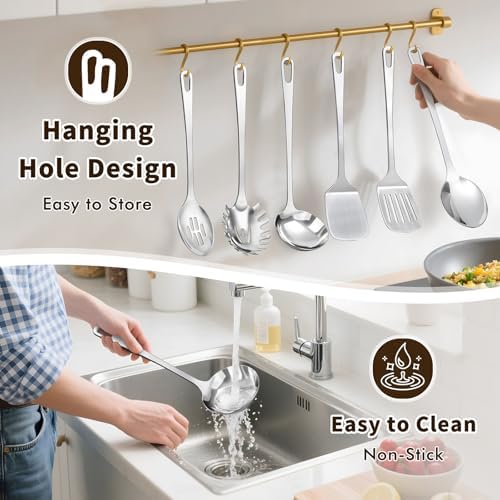 9 Pcs Cooking Utensils Set, Stainless Steel Kitchen Utensils, Heat Resistant Metal Kitchen Tools Include Solid & Slotted Turner Wok Spatula, Serving Spoon, Ladle, Pasta Server, Meat Fork, Tongs Silver - Image 5
