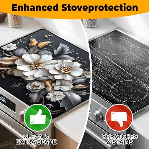 White flower Stove Top Cover Retro Flower Gas Stove Top Cover for Home Decoration Kitchen Pad Non-Stick Washable Cooktop Covers Countertop Protector Keep Stove Clean 28"x20" - Image 6