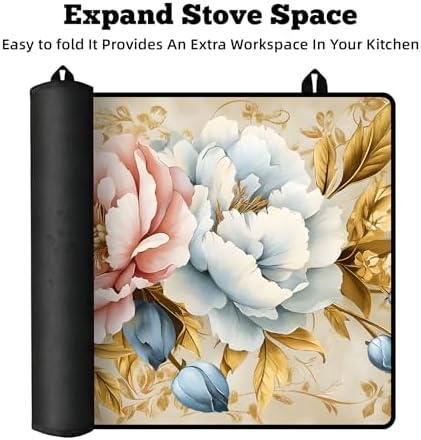 Multi-Design Stove Top Cover for Glass/Electric Stoves - 3-in-1 Heat-Resistant Protector Mat, Non-Slip Drying Rack 28"x20" (Pink-White Peony) - Image 6