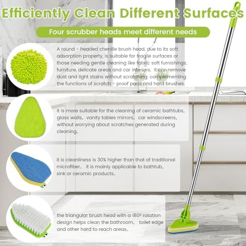 4-in-1 Tile Tub Floor Scrubber with 52-inch Adjustable Long Handle Shower Cleaner Brush with V-Shaped Grout Brush and 3 Replacement Brush Heads for Cleaning Bathroom Kitchen Walls Tub Tile - Image 3